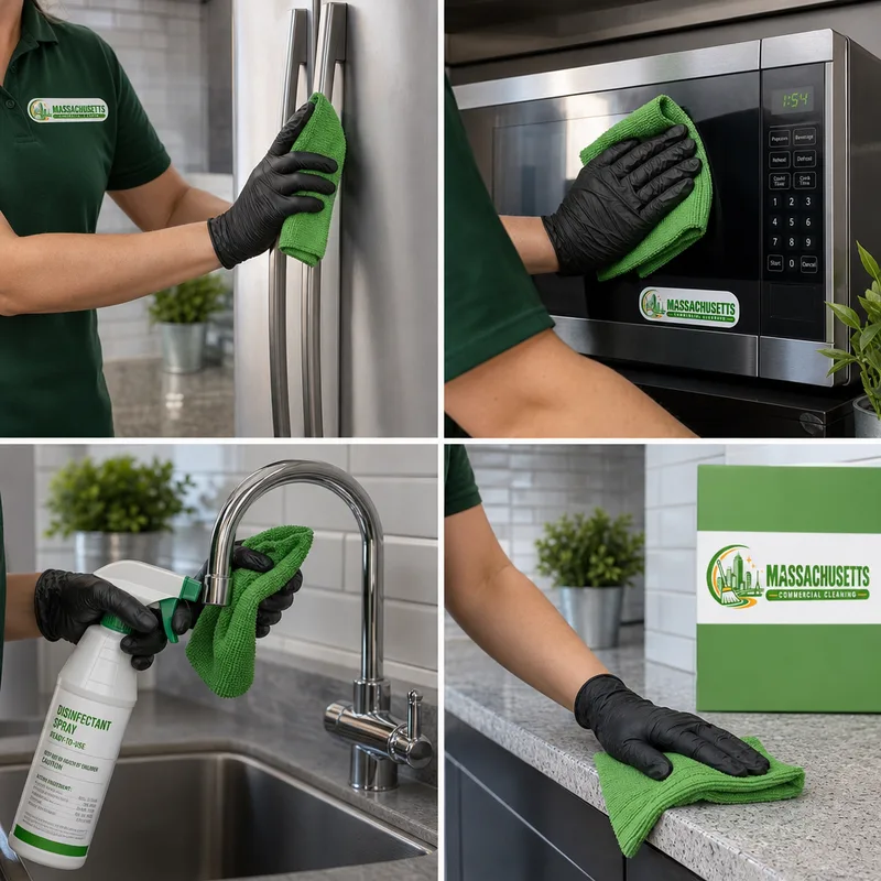 Cleaner disinfecting high-touch points in an office kitchenette with microfiber cloth and labeled disinfectant