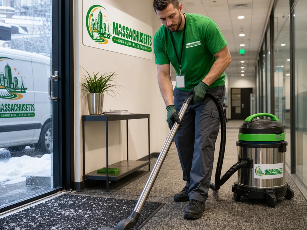 Cleaner using a commercial-grade vacuum and microfiber system in an office corridor near entry mats with winter grit