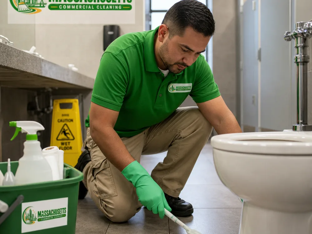 Technician deep cleaning commercial restroom grout lines and fixture bases with appropriate tools