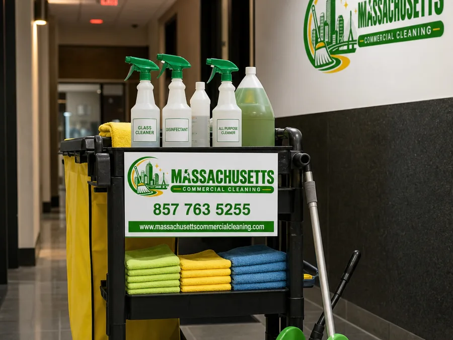 Neatly staged cleaning cart with labeled bottles and microfiber system during an after-hours Boston deep cleaning shift